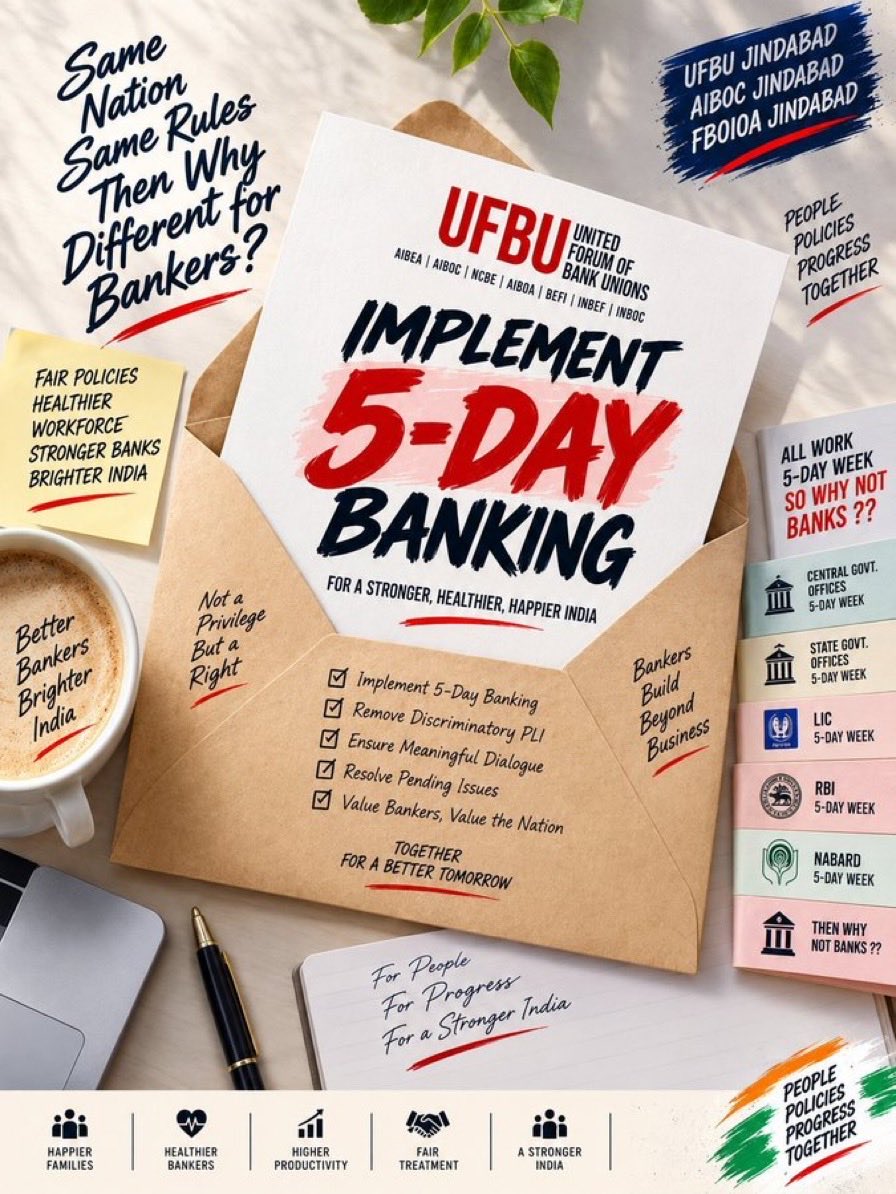 gsaiubof's tweet photo. Bankers serve the nation every day. Respect their right to work-life balance. 5 Days Banking is a long-pending demand. Honour the commitment, respect the workforce.

#5DayBankingNow #AIBOC
@aiboc_in @DFS_India @PMOIndia @FinMinIndia https://t.co/5vJ7e8wuDk