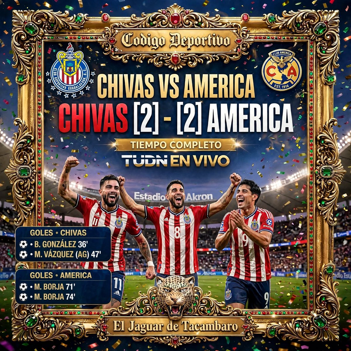 OrigenX_0116's tweet photo. @TUDNMEX 💪🐏 Vamos @Chivas

🚨Empate 2-2🚨

En un relampago de mala suerte y Desconcentración. 😨

M. Borja 
⚽️ '71
⚽️ '73

Si se puede 🐏🐆🙏
#ElJaguardeTacámbaro https://t.co/27yXcPic0Y