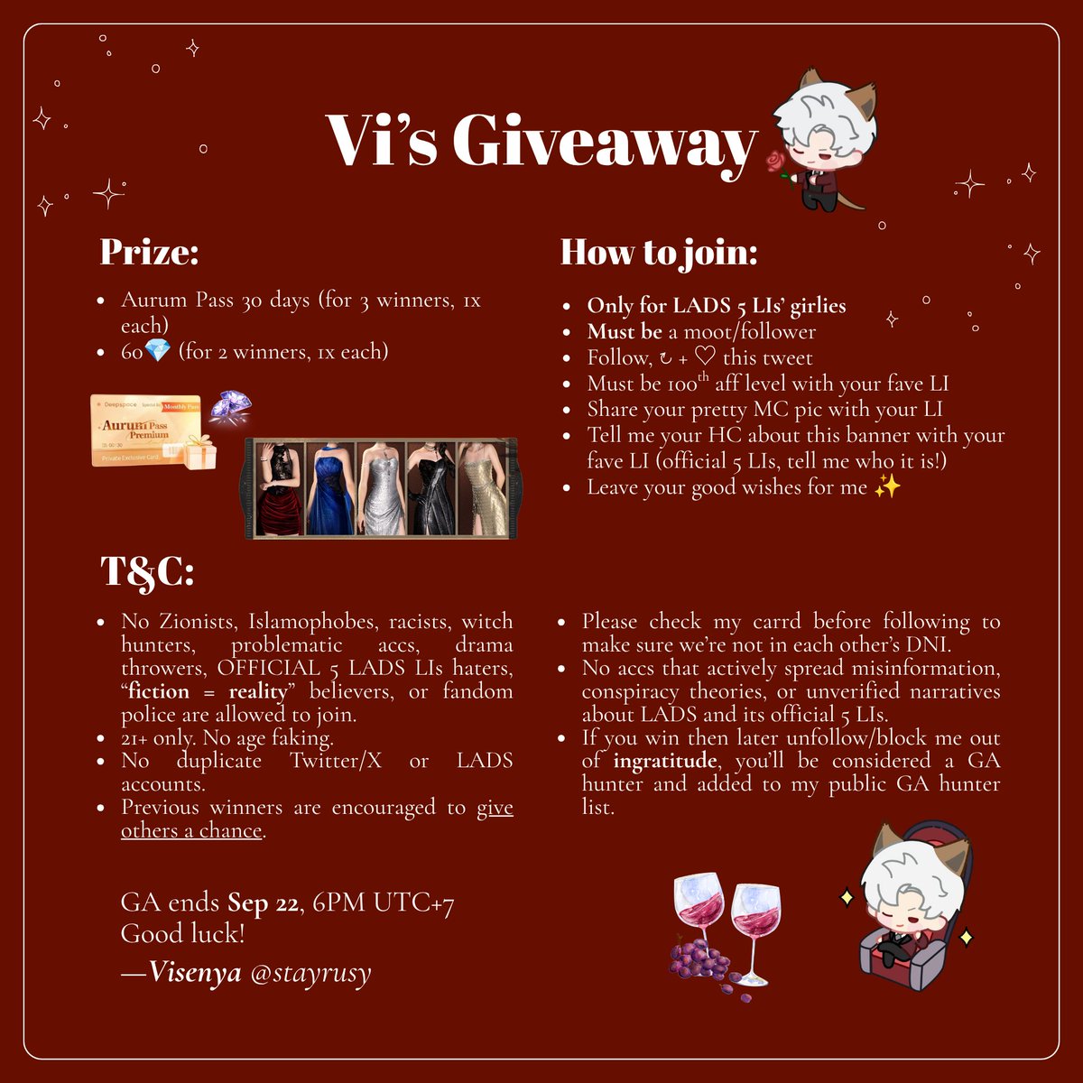 stayrusy's tweet photo. A NIGHT THAT NEVER ENDS 🅶🅰

• Aurum Pass for 3 winners (can choose 1 of new MC’s outfits)
• 60💎 for 2 winners

🅡🅤🅛🅔🅢:
• Moots / 🅵🅾🅻🅻🅾🆆🅴🆁🆂 only
• ♡ + ↻ this tweet
• Drop your pretty MC pic and your LI
• Must be 100th aff level with your LI (screenshot + WM)
• More details on 🖼️ please read carefully (not following details will be ignored)

Ends 22 Sep at 6PM Jakarta time.
Good luck!✨