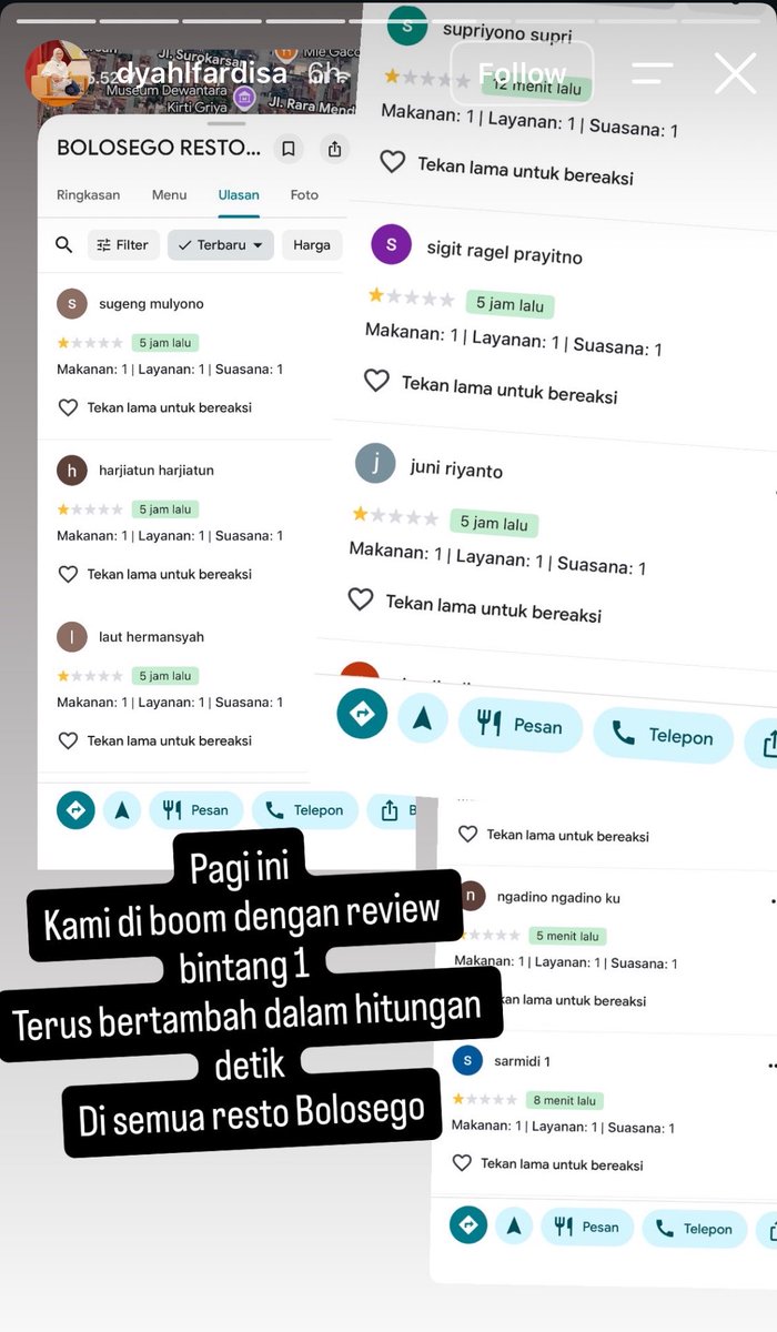 bardanslm's tweet photo. resto bolosego mbak dy yg kemarin speak up soal pungli jutaan perhari di "bom" review bintang 1 di google maps. 

pantes raffi ahmad usahanya lancar2, soalnya kan beliau..........
pekerja keras 🙏🏻 https://t.co/UdJ0R7xUNe