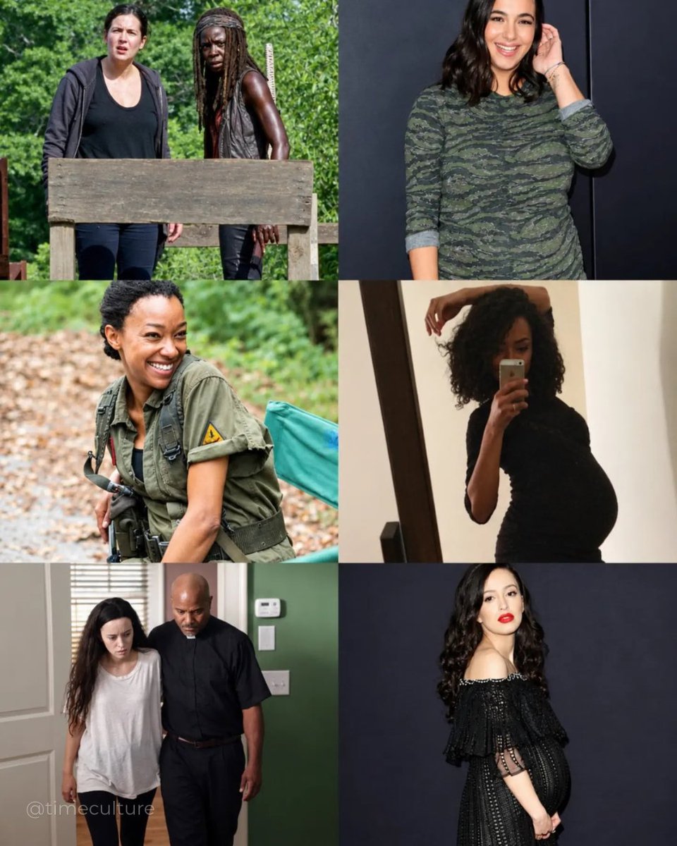 timeculture's tweet photo. muita gente NÃO CONHECIA essa linha do tempo em TWD: 

Sonequa Martin-Green engravida durante a 5ª temporada → a produção esconde com roupas, objetos e enquadramentos → Alanna Masterson engravida durante a 6ª → a série usa objetos, cadeiras e até reduz sua presença em cena → Christian Serratos engravida durante a 8ª → armas maiores e enquadramentos fazem o resto. The Walking Dead literalmente virou especialista em esconder gravidez.