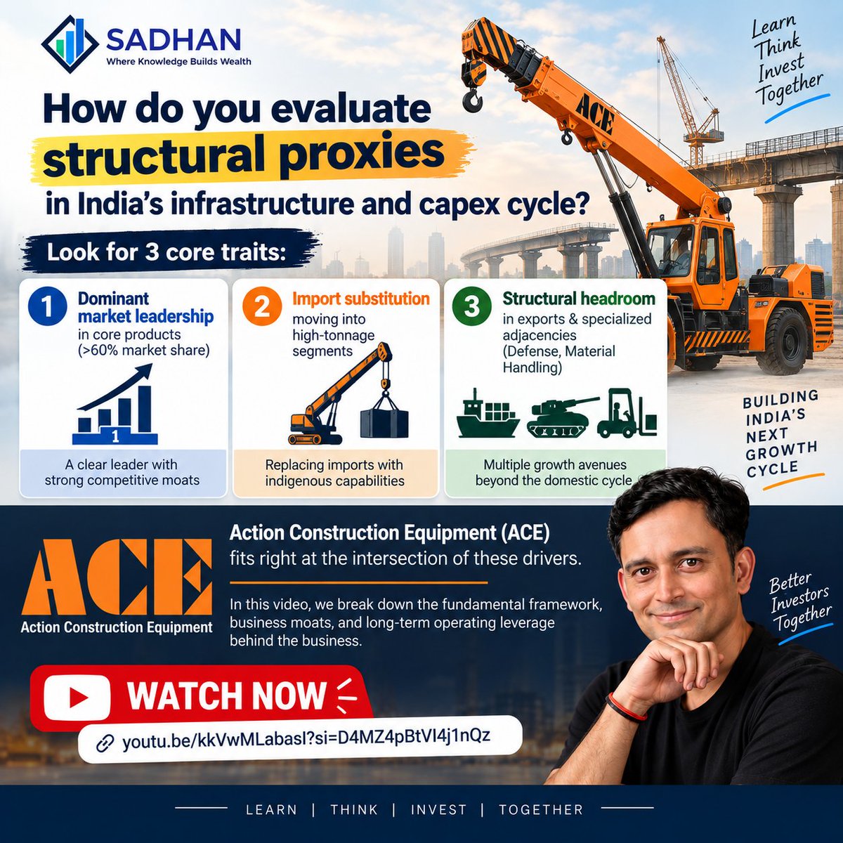 amitabhvatsya's tweet photo. How do you evaluate structural proxies in India’s infrastructure and capex cycle?

Look for 3 core traits:

Dominant market leadership in core products (>60% market share)

Import substitution moving into high-tonnage segments

Structural headroom in exports & specialized adjacencies (Defense, Material Handling)

Action Construction Equipment (ACE) fits right at the intersection of these drivers.

In this video, we break down the fundamental framework, business moats, and long-term operating leverage behind the business.

📺 Watch the full deep dive here: https://t.co/0auMSlgTIv
