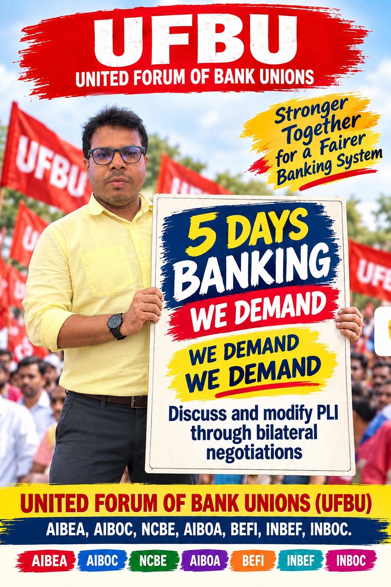DSupermanBanker's tweet photo. Five days banking isn’t just a demand—it’s a step towards a more balanced and productive banking system. ✊
United we stand, united we demand.
#5DayBankingNow
#PMOIndia #DFS_India #CLCMOLE #UFBU #nsitharamanoffc https://t.co/RM7KihNNlJ
