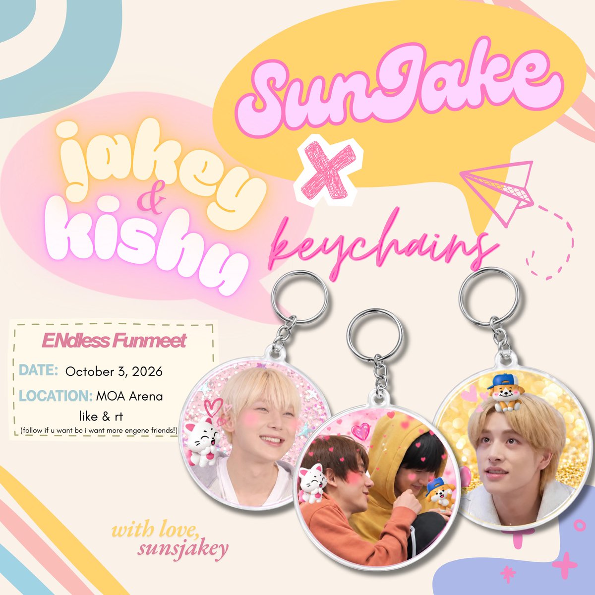 sunsjakey's tweet photo. 🫧 𝐄𝐍𝐃𝐋𝐄𝐒𝐒 DUNKIN’ | ENHYPEN Fun Meet 🫧

SunJake x Jakey &amp; Kishu keychains ₊˚⊹ ᰔ
fan support by: @sunsjakey

🎐 pls like &amp; rt for boost
🎐 1:1 ratio
🎐 see u around MOA Arena! ☺️

#DunkinPH_ENDLESS #ENDLESSFunMeet
#ENHYPEN #SUNOO #JAKE https://t.co/gMGDm6j6Pd