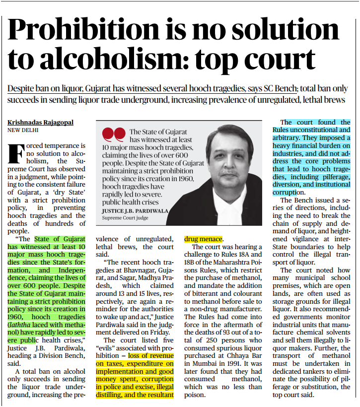 sone_do_mujhe's tweet photo. Prohibition is no solution to alcoholism : Supreme Court of India.

The bench also observed that State of Gujarat has failed despite being a dry state. 

It has witnessed death of over 600 people to hooch tragedies despite strict prohibition on alcohol since 1960!! https://t.co/6Sp0VzikHI