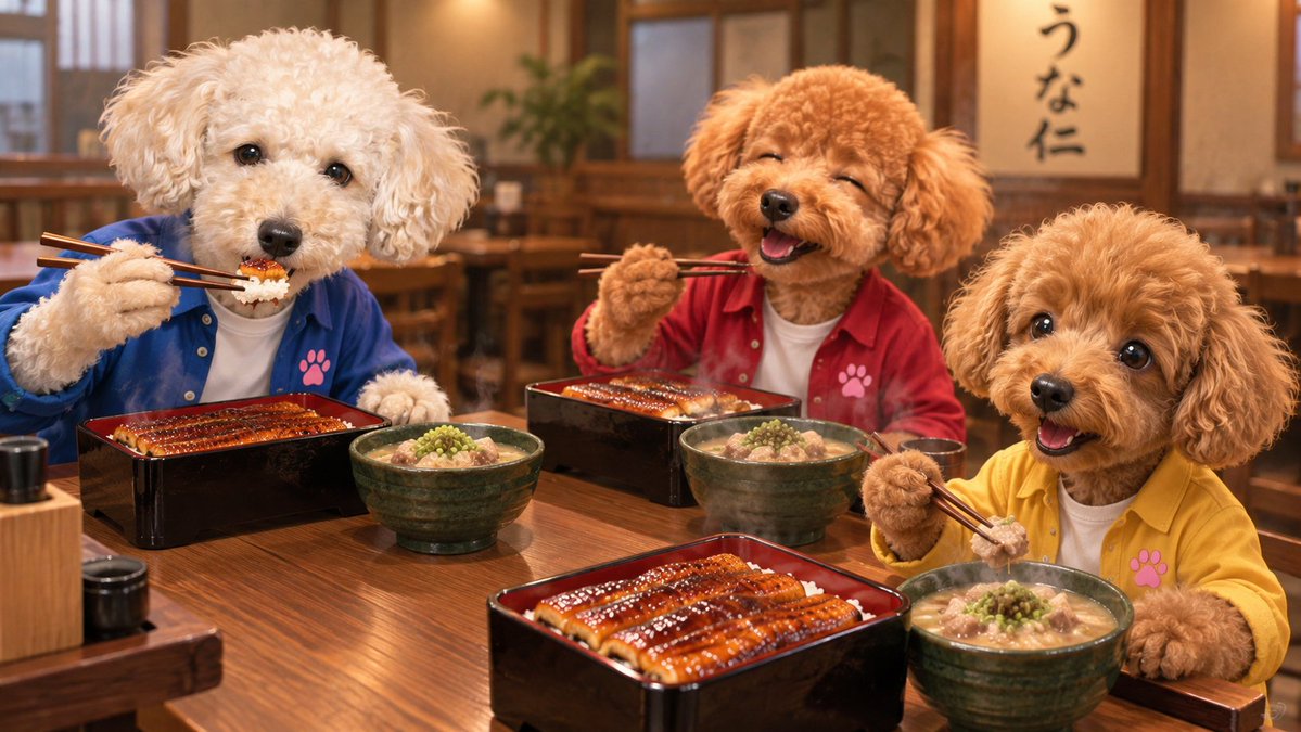 hiroinuneko's tweet photo. 本日のワンショット🐶
🐾ほのぼのシリーズ🐾

香ばしい鰻ともつ煮を囲み、楽しいランチが始まった😋✨
くぅちゃんは鰻と白飯を口元へ運び、頬が緩む🥢😊
てんちゃんは目を細めて笑い、次のひと口へ箸を構える😆🥢
らいちゃんはもつ煮を持ち上げ、瞳を輝かせる🥢✨
艶やかな鰻重と緑の小鉢から、柔らかな湯気が立ち昇る🍚♨️
木の温もりに包まれた店内で、三つの笑顔が楽しい昼を彩る☀️✨

でちゅ～～～🐶💕💕💕
(安定の美味しさ😋
予約していたので雨が小康状態で良かった😆)
#愛犬
#トイプー
#犬のいる暮らし
#AIイラスト
#うな仁 #うな重特松 #もつ煮