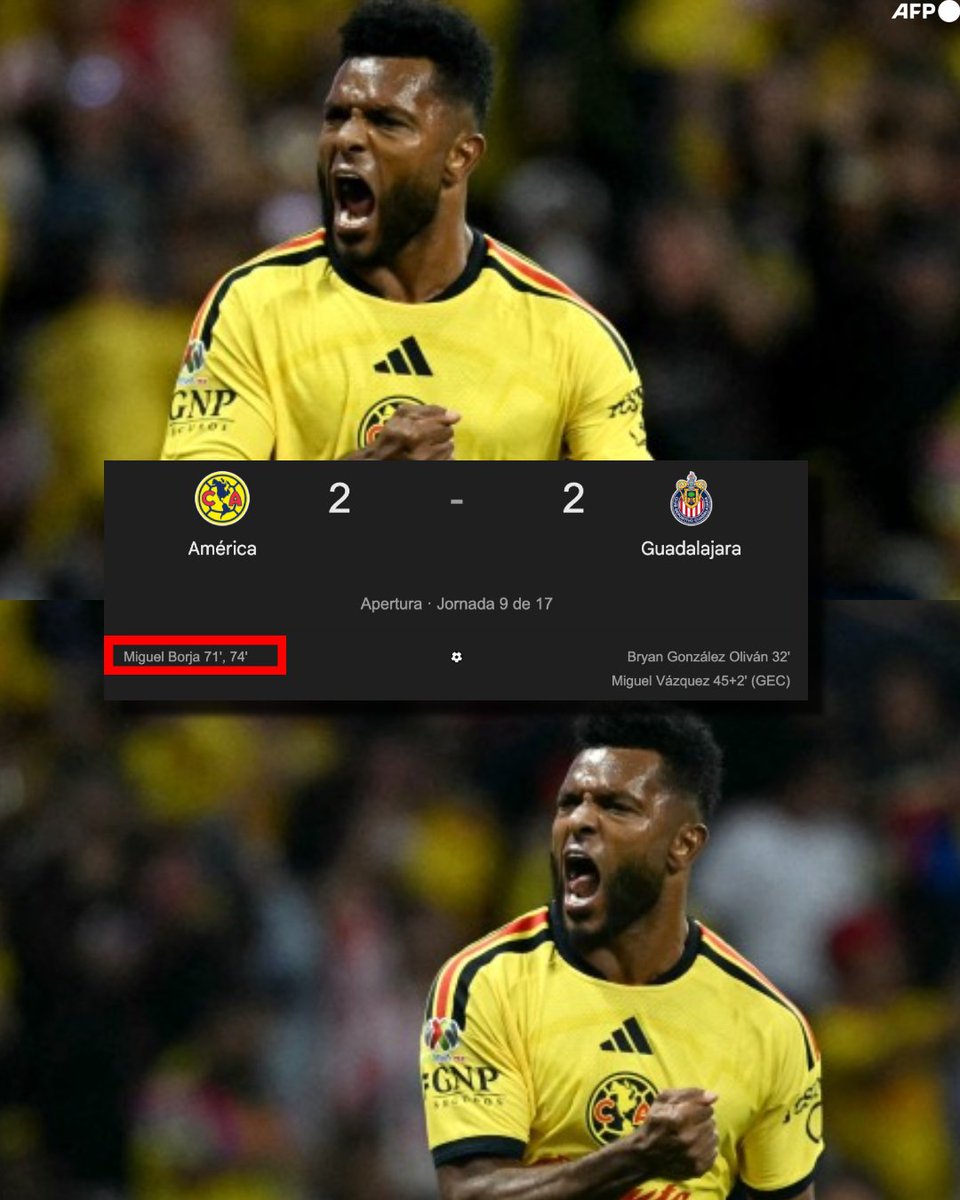 InvictosSomos's tweet photo. ¡¡ÚLTIMA HORA: MIGUEL BORJA FUE EL HÉROE DEL AMÉRICA EN EL CLÁSICO NACIONAL!!

Con doblete de Miguel Borja, el América rescató el empate ante Chivas en una edición más del Clásico Nacional. Un tiempo para cada equipo. Chivas fue ampliamente superior en la primera parte. Después, en el complemento, con el ingreso de Borja, Las Águilas dieron otra exhibición de grandeza, jerarquía y mística.

Borja marcó un ÉPICO GOLAZAZO DE CHILENA que lo pondrá como candidato al próximo Premio Puskás y que ya entró entre las mejores anotaciones en toda la historia del Clásico Nacional. El colombiano confirmó que ya está para ser titular en el equipo de Guillermo Almada. 

El rebaño sagrado dio una imagen realmente positiva en los 45 minutos iniciales. En la segunda mitad, les pasaron por encima. Con empuje, corazón y mucha intensidad, el América no ganó el partido de milagro. 

HERMOSA NOCHE DE CLÁSICO EN EL AZTECA.