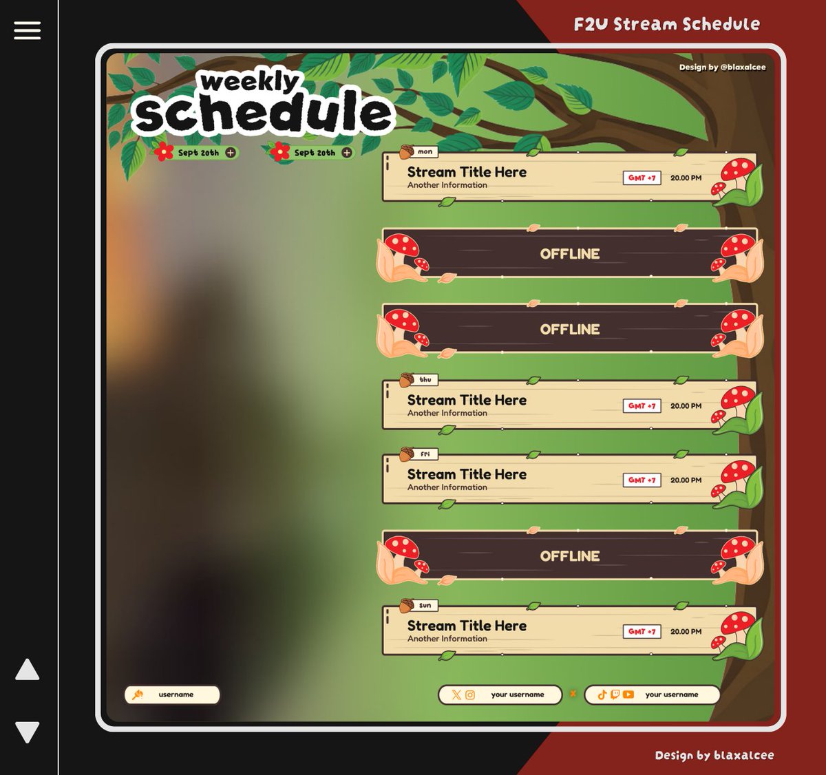 blaxalcee's tweet photo. ⟡ — f2u schedule template
Just made my very first f2u Schedule Template! Hope it can be useful for your streams✌️
♡ + ↻ appreciated
#VTuberAssets #F2U #Vtuber
check the ko-fi 🔗 below ↷ https://t.co/IX68wC6voU