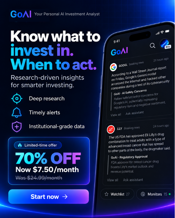 GoAI_Official's tweet photo. GoAI Pro is now 70% off — just $7.50/month for a limited time.

Deep research, market insights, portfolio monitoring, AI-powered signals, and automated workflows — all in one place.

Your personal AI investment assistant, at our lowest price yet. https://t.co/tfB7q0QhUk