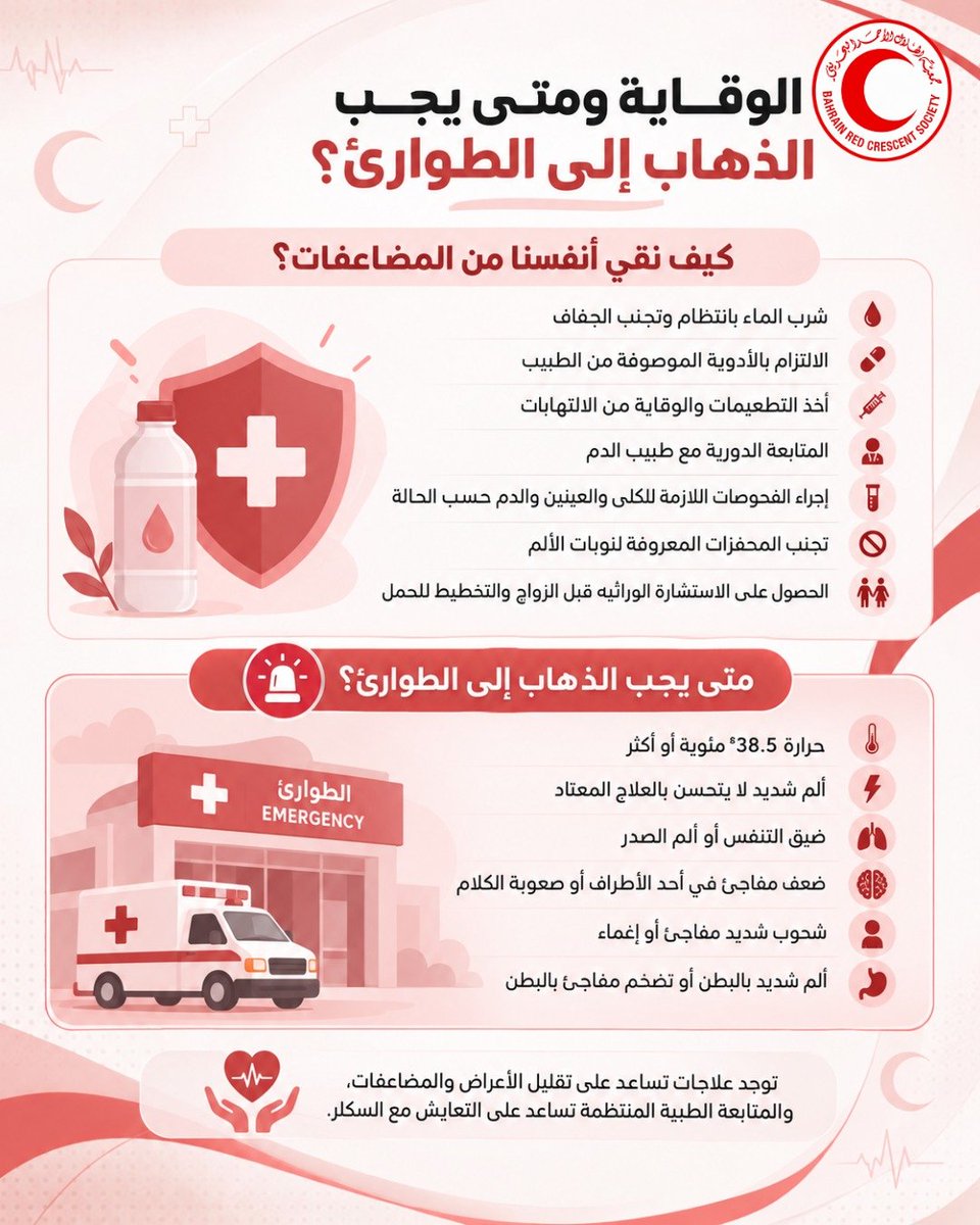 RCSBahrain's tweet photo. فقر الدم المنجلي (السكلر) مرض وراثي يؤثر على كريات الدم الحمراء.
التوعية بالأعراض والمحفزات والمتابعة الطبية المنتظمة تساعد على تقليل المضاعفات وتحسين التعايش مع المرض.
#السكلر #فقر_الدم_المنجلي #التوعية_الصحية https://t.co/Zpau6XxNpl
