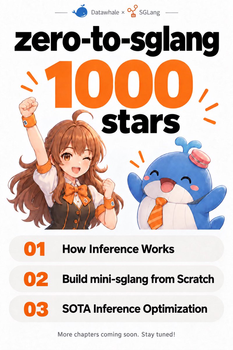 YichiZ03's tweet photo. zero-to-sglang just hit 1,000 GitHub stars! Thanks for all your support!

Our new chapters: 
📖 Chapter 2.1: mini-sglang — What Does an Inference Engine Look Like?
📖 Chapter 2.2: The Journey of a Request + Code Walkthrough

Find the course following link in comment section👇 https://t.co/fXmqg52imh