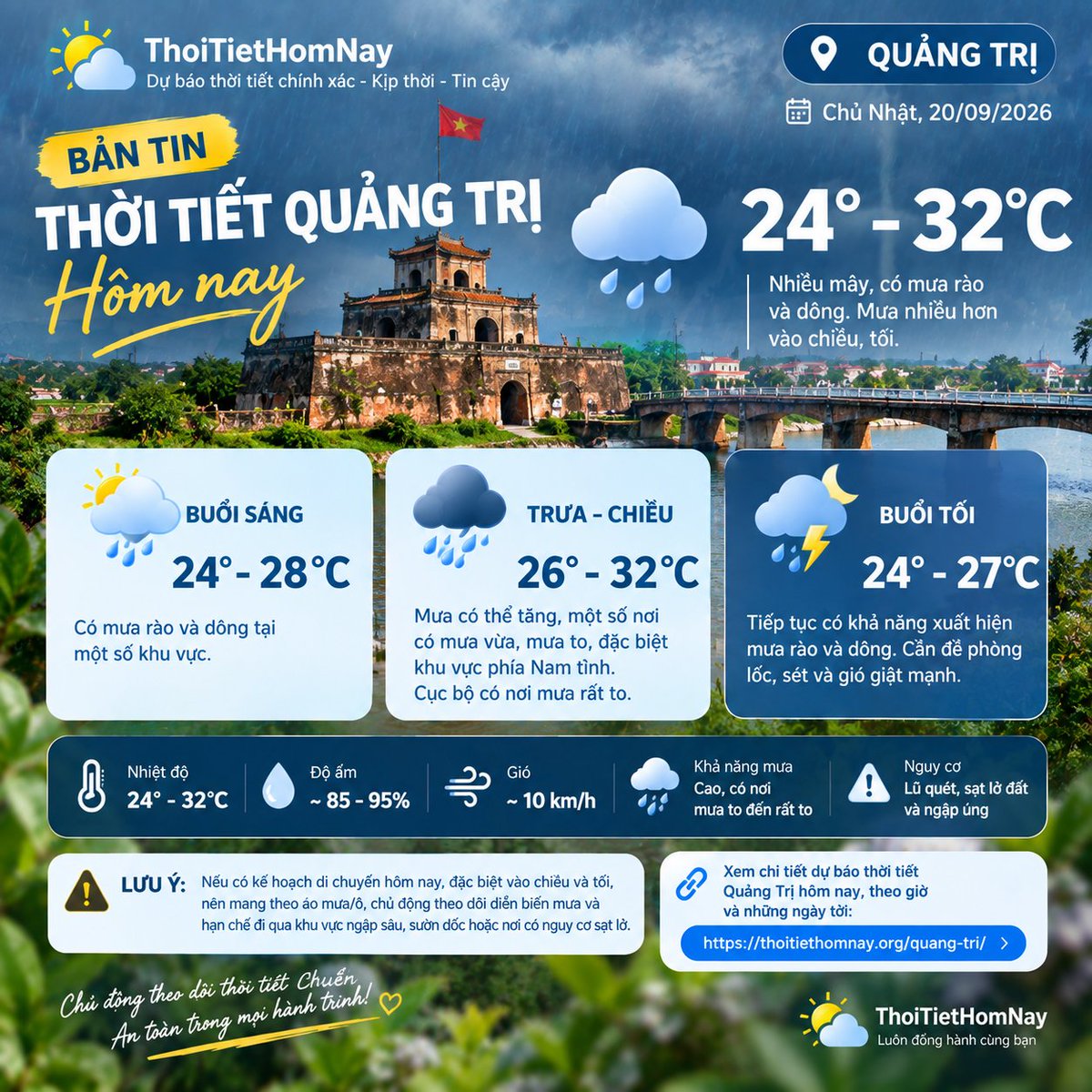 thoitiethomnay3's tweet photo. 🌧️ BẢN TIN THỜI TIẾT QUẢNG TRỊ HÔM NAY – CHỦ NHẬT, 20/09/2026 🌧️

📍 Quảng Trị hôm nay nhiều mây, có mưa rào và dông. Nhiệt độ dao động khoảng 24–32°C, thời tiết có xu hướng mưa nhiều hơn vào chiều, tối.

🌦️ Buổi sáng: Có mưa rào và dông tại một số khu vực, nhiệt độ khoảng 24–28°C.

🌧️ Trưa – chiều: Mưa có thể tăng, một số nơi có mưa vừa, mưa to, đặc biệt khu vực phía Nam tỉnh. Cục bộ có nơi mưa rất to.

⛈️ Buổi tối: Tiếp tục có khả năng xuất hiện mưa rào và dông. Khi có dông cần đề phòng lốc, sét và gió giật mạnh.

🌡️ Nhiệt độ: 24–32°C
☔ Thời tiết: Có mưa rào và dông
🌧️ Đáng chú ý: Có nơi mưa to đến rất to
⚠️ Nguy cơ: Lũ quét, sạt lở đất và ngập úng tại khu vực có mưa lớn.
📌 Nếu có kế hoạch di chuyển hôm nay, đặc biệt vào chiều và tối, nên mang theo áo mưa/ô, chủ động theo dõi diễn biến mưa và hạn chế đi qua khu vực ngập sâu, sườn dốc hoặc nơi có nguy cơ sạt lở.
🔎 Xem chi tiết dự báo thời tiết Quảng Trị hôm nay, theo giờ và những ngày tới:
https://t.co/HjrFIJ42Ja
🌿 Chủ động theo dõi thời tiết – chủ động lịch trình – an toàn trong mọi hành trình!

#ThoiTietQuangTri #QuangTri #ThoiTietHomNay #DuBaoThoiTiet #ThoiTietQuangTriHomNay