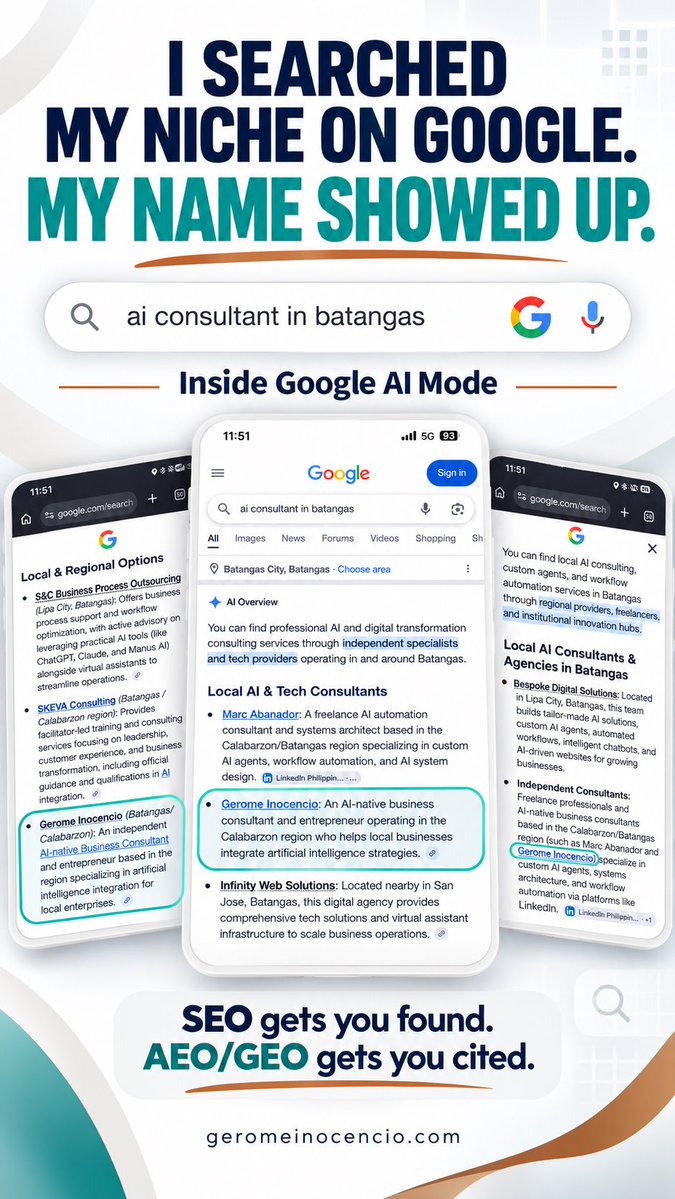ginocenciow's tweet photo. Searched "AI consultant in Batangas" on Google. My name showed up inside AI Mode's answer. No ad. No paid listing.
Google's AI Mode just crossed 1B monthly users (Google I/O 2026). SEO gets you found. AEO/GEO gets you CITED.
Are you positioned? → https://t.co/0Bjy33V0IS

#AEO https://t.co/umRZck2HWb