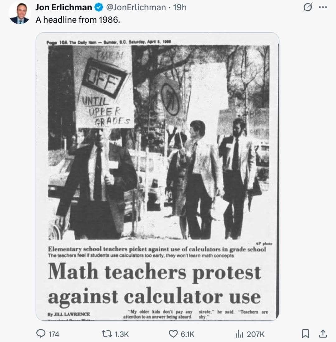 mochiflower720's tweet photo. History Repeats Itself
Headline from 1986, when Math Teachers protest against the use of Calculator.
And now, Developers are protesting against AI https://t.co/1s3ktNo51U