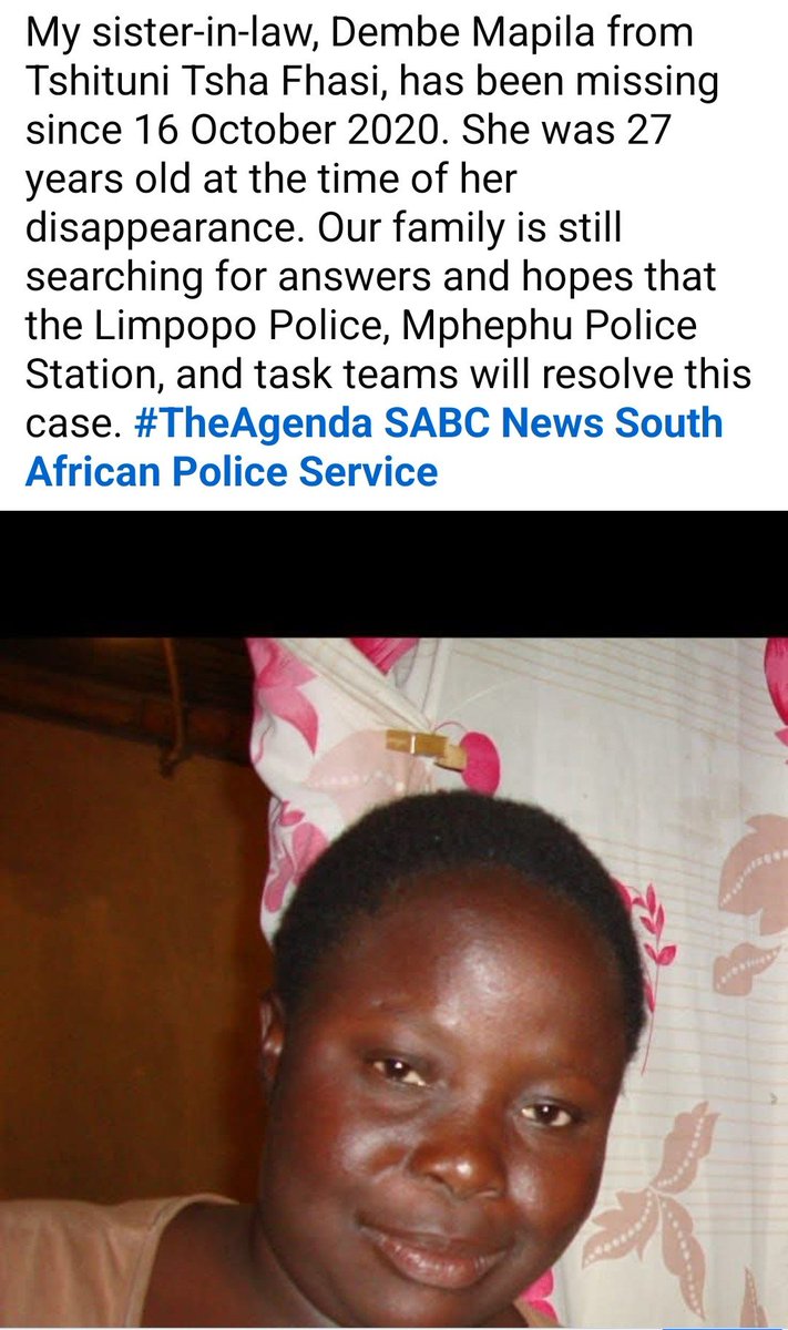 ARamalisah's tweet photo. @MorningLiveSABC @LiezleWilson The Ekurhuleni murders captured the nation's attention. We can only hope that other cases of missing persons receive the same level of attention. Dembe Mapila of Tshituni Tsha Fhasi has been missing since 2020, and her family is still searching for answers. @PhophiRamathuba https://t.co/cd3LUVJQ0Y