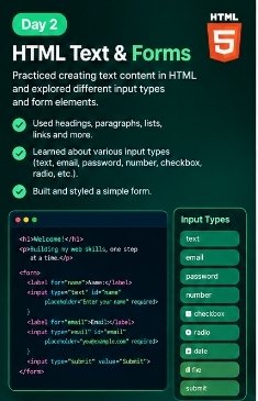 build_with_emma's tweet photo. Day 2 of coding
Today, I explored **HTML text elements and input types*

* Creating headings, paragraphs, and other text elements.
* Understanding different HTML input types.
* Exploring how forms are structured.
* Learning how users interact with webpages through form elements. https://t.co/cIezwjOi6S
