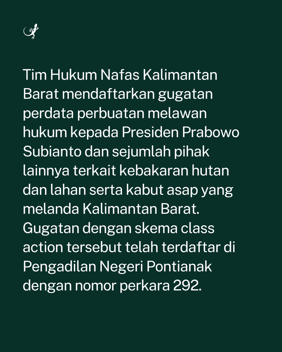 MongabayID's tweet photo. Tim Hukum Nafas Kalimantan Barat mendaftarkan gugatan perdata perbuatan melawan hukum kepada Presiden Prabowo Subianto dan sejumlah pihak lainnya terkait kebakaran hutan dan lahan serta kabut asap yang melanda Kalimantan Barat. https://t.co/tPp7NRM3TR