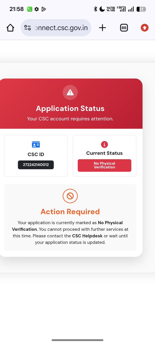 Jilaballia's tweet photo. Dear @CSCegov_ and CSC Helpdesk,
My CSC ID 272242140012 is showing “No Physical Verification” on the CSC Connect portal. Due to this, I am unable to proceed with further CSC services.
Kindly give me proper process of No physical verification problem
#CSC #CSCSPV #CSCVLE https://t.co/N4KBJxgY6Y