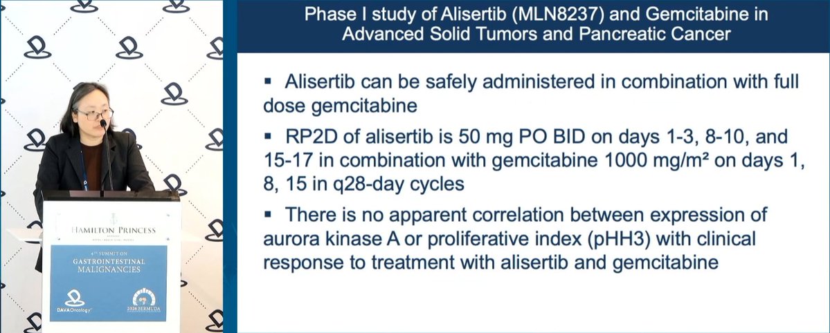 DAVAOnc's tweet photo. Dr. Kit Tam @UCDavisHealth discusses alisertib, an oral Aurora A kinase inhibitor, as a therapeutic strategy in pancreatic cancer. In Phase I, alisertib was safely administered in combination with full-dose gemcitabine. #DAVAGI https://t.co/pnsOk8A5aZ