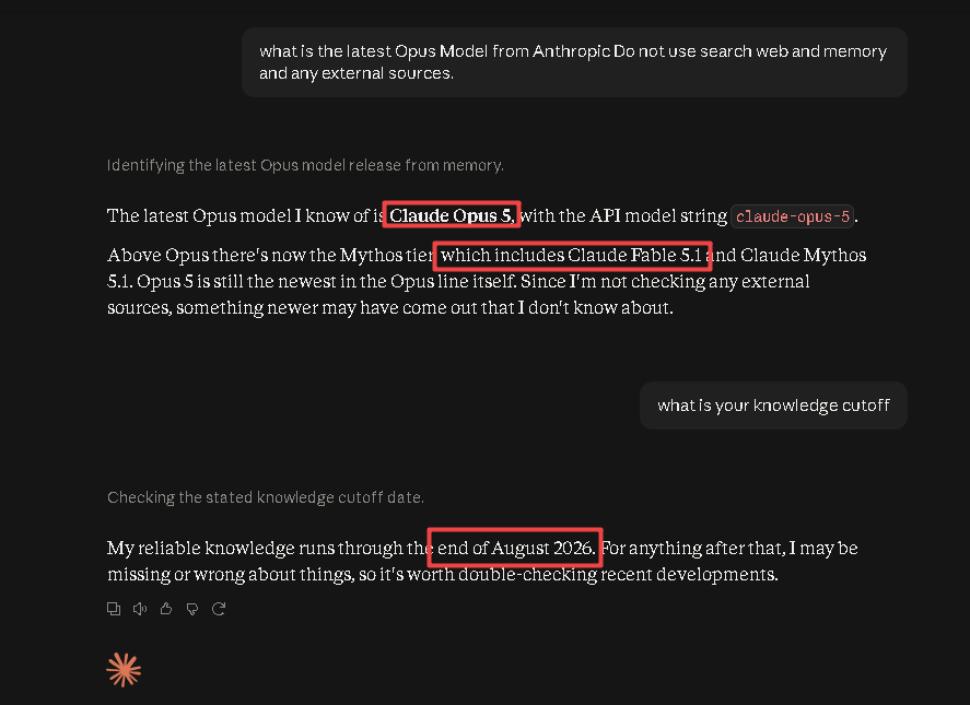 Codeminer__xd's tweet photo. 🚨 sonnet 5 extra is routing to 5.2

i asked it what is the latest opus model from anthropic and it answered Opus 5 that is correct

it even mentioned fable 5.1 I didn't even asked for

then i asked about its knowledge cutoff and it said end of august 2026

INSANE https://t.co/0k32ekMNuN