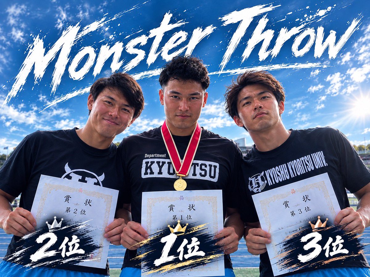 kyoritsut_f's tweet photo. 【#54九州CS】
2026.09.19
●男子やり投げ決勝
優 勝 鈴木凛(M1)69m50🥇
第2位 坂田陽⑷68m40🥈
第3位 岩坂レオン⑴67m27🥉
表彰台独占‼️
入賞おめでとうございます☆*:.✨㊗️👏
#九州共立大学
#MonsterThrow https://t.co/VIQUDPjD2d