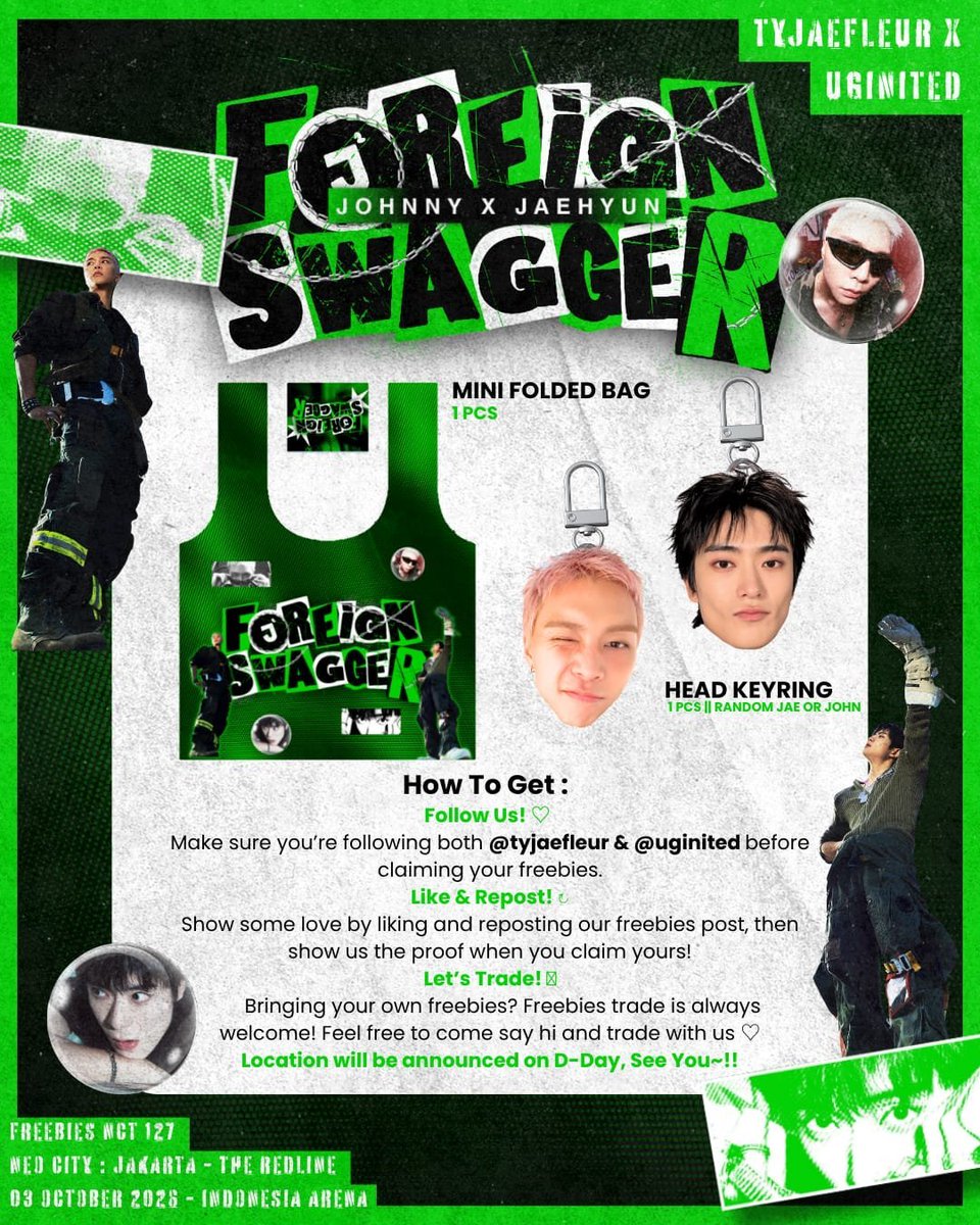tyjaefleur's tweet photo. 𝙵𝙾𝚁𝙴𝙸𝙶𝙽 𝚂𝚆𝙰𝙶𝙶𝙴𝚁 🖤💚

Johnny × Jaehyun freebies for THE REDLINE Jakarta!

To claim:
♡ Follow @tyjaefleur &amp; @uginited
♡ Like + repost
📍 TBA on D-Day
🗓 03.10.26 — Indonesia Arena
See you &amp; let’s trade! ♡

#NCT127 #JOHNNY #JAEHYUN
#NEOCITY_THE_REDLINE_IN_JAKARTA https://t.co/DYq7MxAjdC