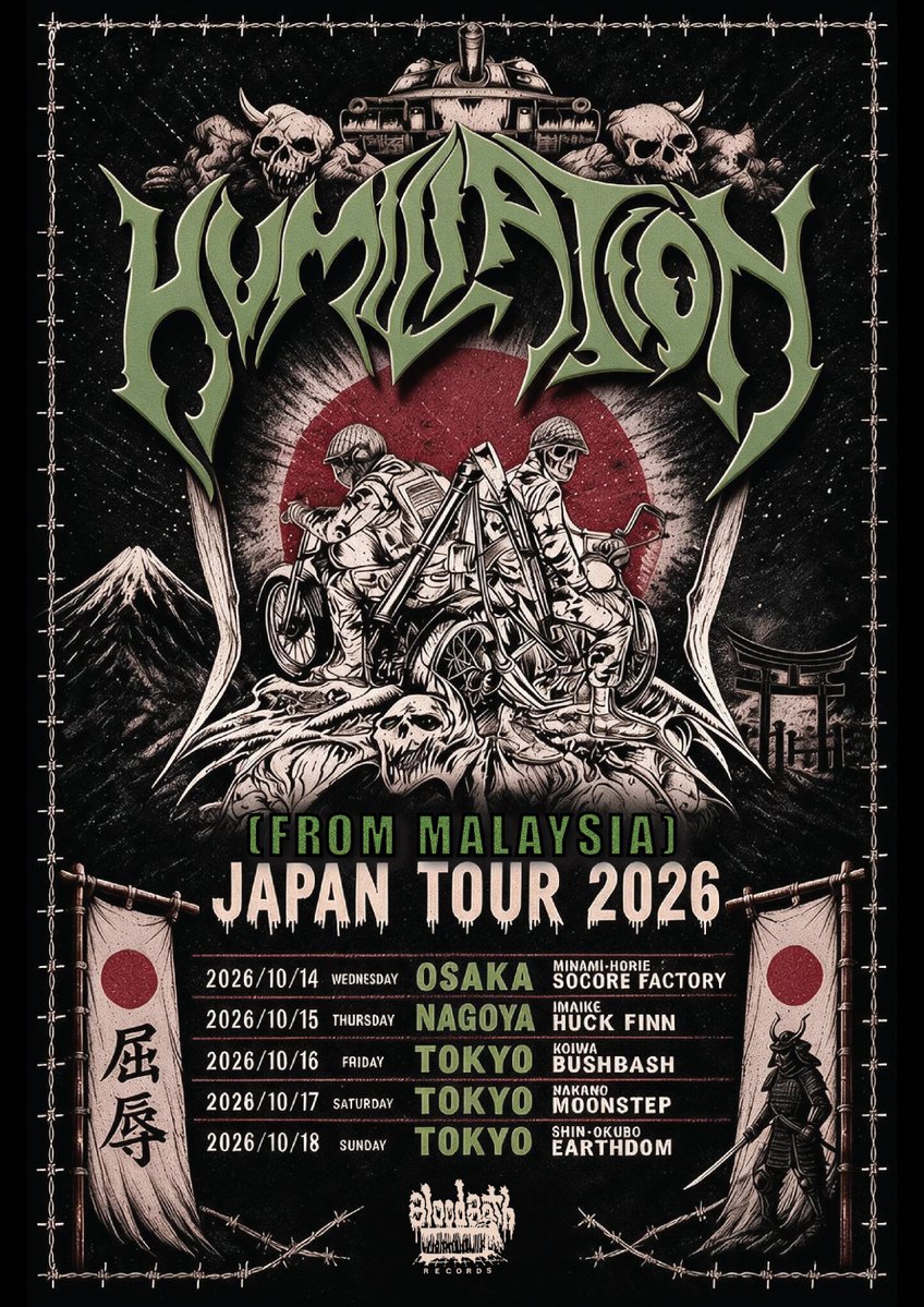 noiseblasphemy's tweet photo. HUMILIATION (MYS) Japan Tour 2026
2019年以来7年ぶり（名阪は10年ぶり）

10/14 Wednesday, Osaka Minami-Horie SOCORE FACTORY
10/15 Thursday, Nagoya Imaike HUCK FINN
10/16 Friday, Tokyo Koiwa BUSHBASH
10/17 Saturday, Tokyo Nakano MOONSTEP
10/18 Sunday, Tokyo Shin-Okubo EARTHDOM https://t.co/pygBBmGCt8