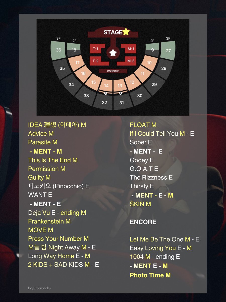 TAEMdoku's tweet photo. 2026-27 Taemin World Tour <LiMiNaL> in Seoul - Setlist &amp; Stage position 
 ⚠️ SPOILER ⚠️
 
M = main stage
E = extended stage
#TAEMIN #태민 #テミン 
#LiMiNaL https://t.co/FrpB12CJVn