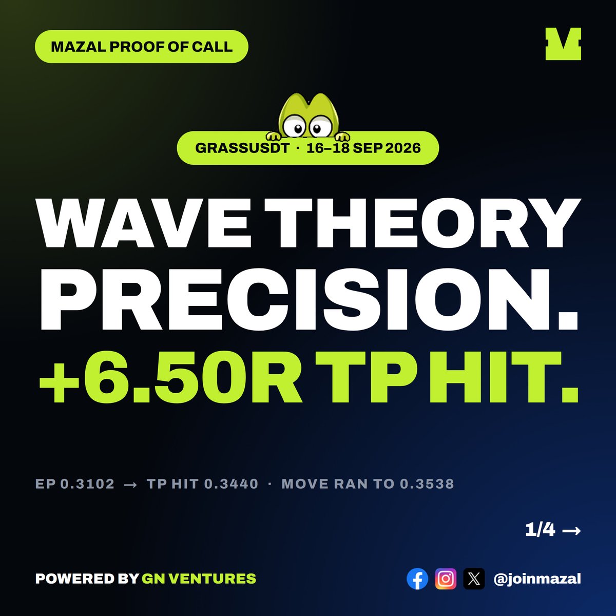 joinmazal's tweet photo. WAVE THEORY PRECISION! +6.5R SPOT GAIN BY Potatow ! 🍀

Elliott Wave structure executed with precision:

GRASSUSDT Long:
🍀 EP: 0.3102
🍀 SL: 0.3050
🍀 TP: 0.3440 (+6.50R)

Click to see the before &amp; after chart execution! 🤙

👉 Comment "MAZAL" — its more fun in mazal

#GRASSUSDT #PotatoAlpha #TraderWin #MAZAL #joinmazal #Web3PH #CryptoPH #GNClub