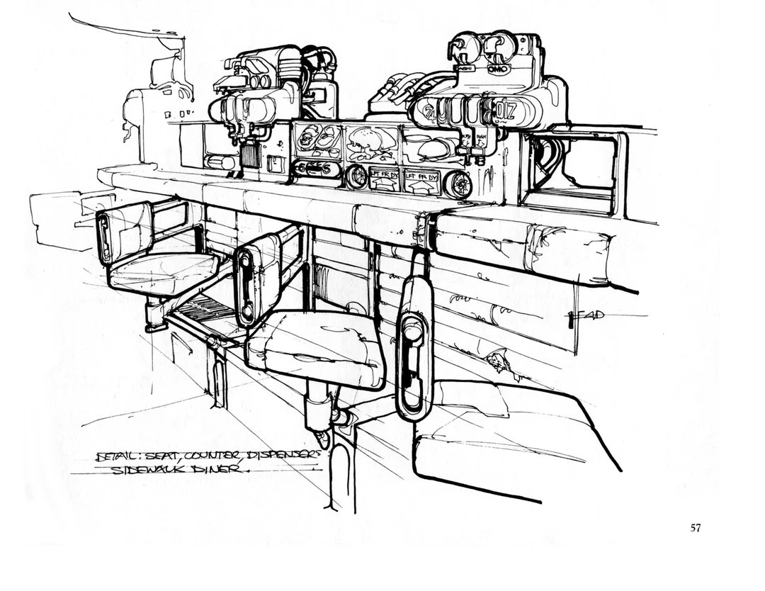 SciFiArchives's tweet photo. Design sketches by Syd Mead for the Sidewalk Diner. Blade Runner Sketchbook (1982). https://t.co/RBz4hqrtgQ