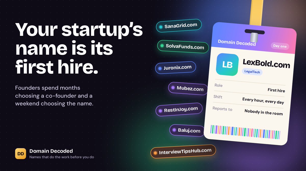 GalibJournal's tweet photo. Founders spend months choosing a co-founder and a weekend choosing the name.

Your name works every hour of every day, in conversations you're not part of. Test it like a hire.

https://t.co/0eIEMeuYSE

#StartupNaming #Branding #Founders https://t.co/vcxpUrUETm