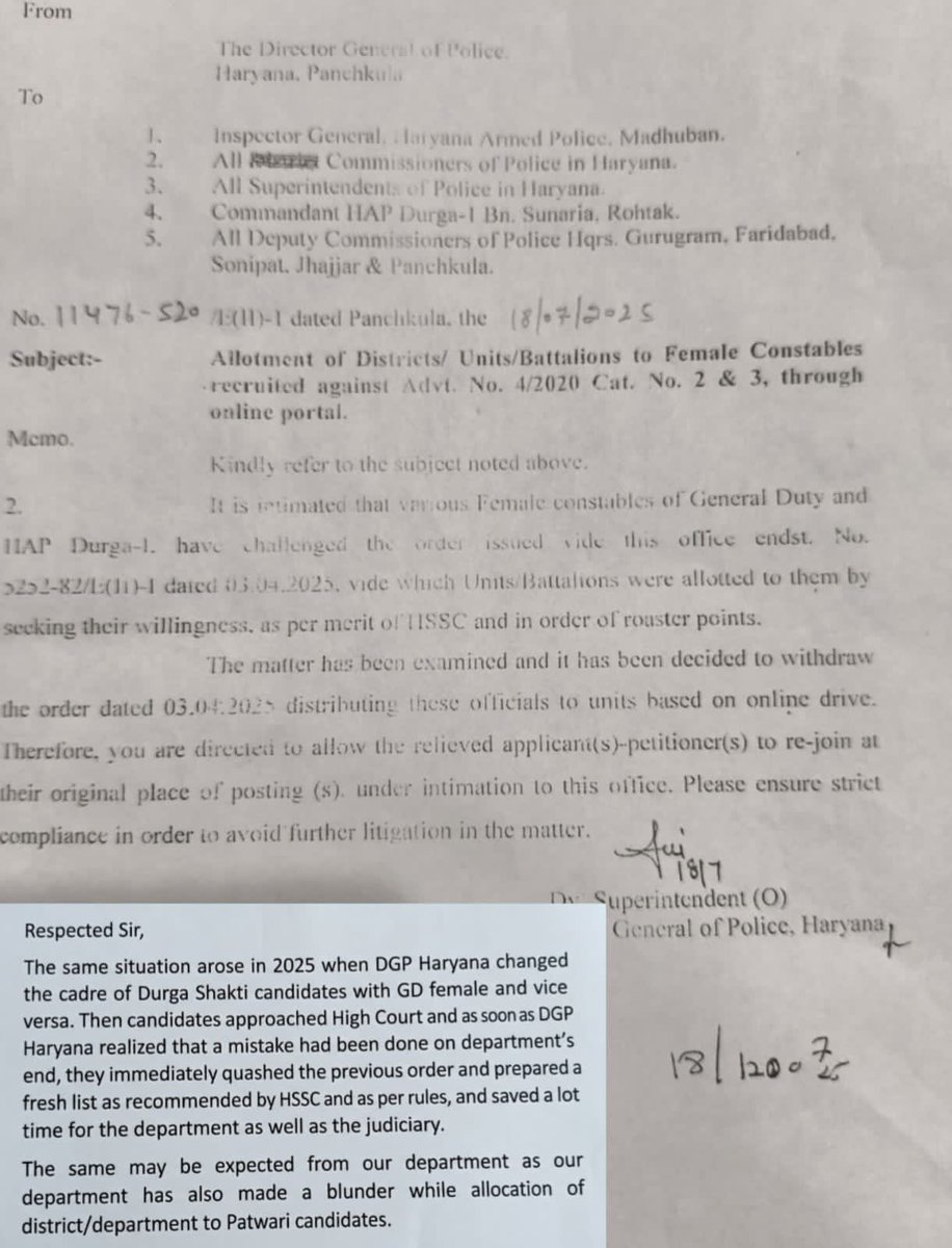 anjukharb1's tweet photo. @yashpal_ias @rajeshkhullar1 Respected Sir, In 2025, DGP Haryana corrected a similar cadre-allocation error by quashing the order and issuing a fresh list as per HSSC recommendations and rules. We request similar correction in Patwari department allocation. 🙏🏻 https://t.co/6GeJob9Qcj