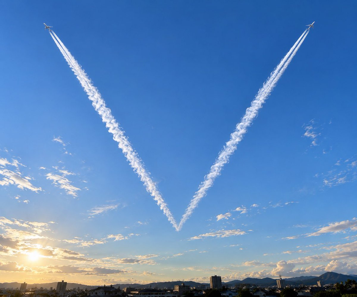 chichipuijaian's tweet photo. ジャイアンです🌸

夜は久々登場!!
「飛行機雲のV」です✈️
星の時が懐かしいですね🤣

初手はプロフ固定の白いキャンバスから🌸

通りにくい方はプロンプト最後の英文を
削ると残りやすくなった検証結果です!!

空にVの線が残るか見ました。
ただの一本になったり、輪になったり😂

Grok：5/3
xGrok：5/2

プロンプトはALTです。

⚠️各AIの利用規約を厳守してください🙇‍♀️