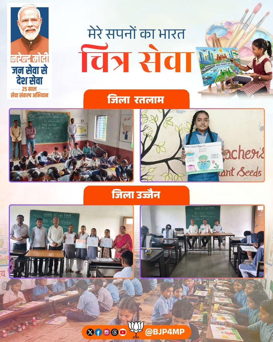BJP4MP's tweet photo. प्रधानमंत्री श्री @narendramodi जी के सार्वजनिक जीवन में जनसेवा, समर्पण तथा राष्ट्र निर्माण के 25 वर्ष पूर्ण होने के अवसर पर ‘सेवा संकल्प अभियान’ के अंतर्गत ‘मेरे सपनों का भारत-चित्र सेवा’ कार्यक्रम के तहत नीमच, मंदसौर, रतलाम एवं उज्जैन जिलों में चित्रकला प्रतियोगिताओं का आयोजन किया गया।

#सेवा_संकल्प_अभियान
#SevaSankalpAbhiyan