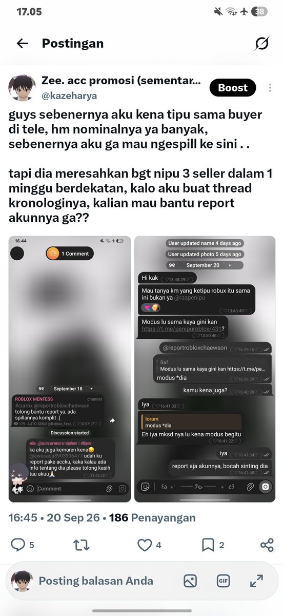 kazeharya's tweet photo. help! rnb @.chaewson on roblox

disclaimer : penipuan di tele, sengaja aku up di x karena termasuk PENIPUAN GEDE! penipuan segitiga dalam rekber!

maaf kalo rada belibet ngejelasinnya ya guys, karena aku sendiri aja ga espek kena tipu gini. https://t.co/eoJCSYaVXF