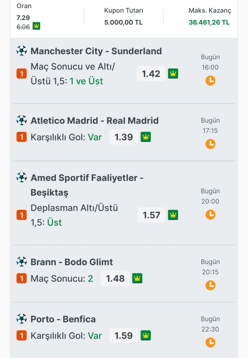 iddaa_avcisi's tweet photo. GÜNÜN PAZAR TAHMİNLERİ 🔥

Pazar gününe 5 maçlık, 7.29 toplam oranlı kuponumuz hazır. ✍🏻

Manchester City – Sunderland
Atlético Madrid – Real Madrid
Amed Sportif – Beşiktaş
Brann – Bodø/Glimt
Porto – Benfica

Detaylar görselde. 👇🏻 https://t.co/H6PejbtBFg