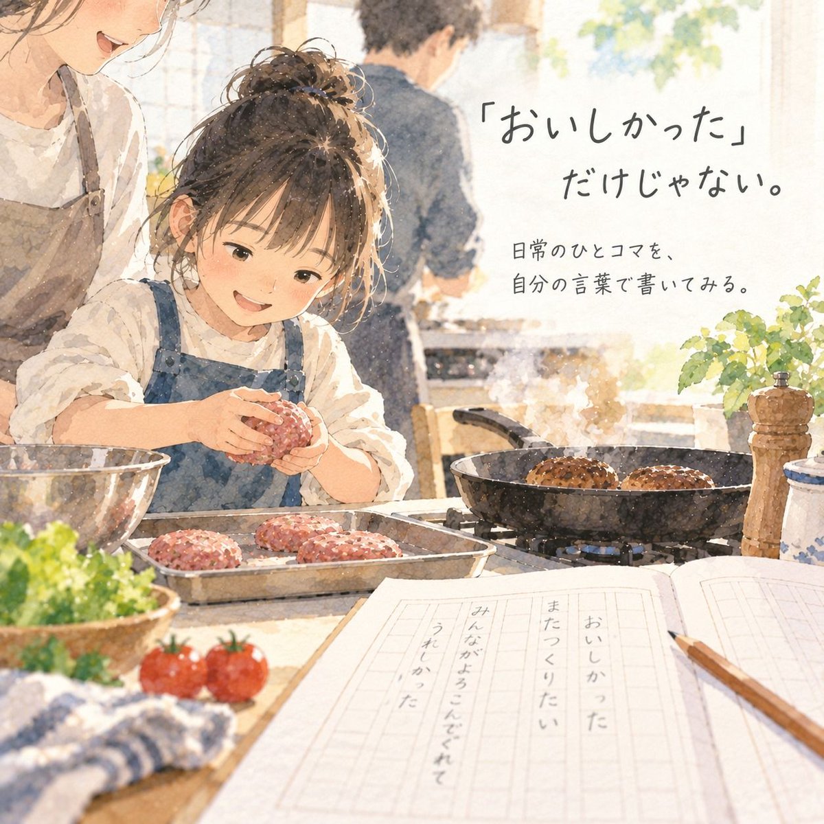 LiteraArts's tweet photo. 「おいしかった」だけじゃない。

「おいしいものを食べた話」をテーマに、
作文に取り組みました。

選んだのは、
家族でハンバーグを作って、
一緒に食べた日のこと。

まずはその日の出来事を思い出しながら、

何をした？
どんな順番だった？
そのとき、どう思った？

と、一つずつ言葉にしていきます。

メモができたら、
今度は「どの順番で書くと伝わるかな？」と考えながら、
原稿用紙へ。

完成した作文には、
ハンバーグを作った楽しさだけでなく、

**「おいしく食べてもらえて、うれしかった」**

という気持ちまで、
しっかり書かれていました。

作文は、
出来事を並べるだけではありません。

そのとき自分が何を感じたのか。

そこまで言葉にできたとき、
文章は少しずつ
「自分にしか書けない話」になっていきます。

#作文教室
#作文
#言葉にする力
#自己表現
#子どもの学び