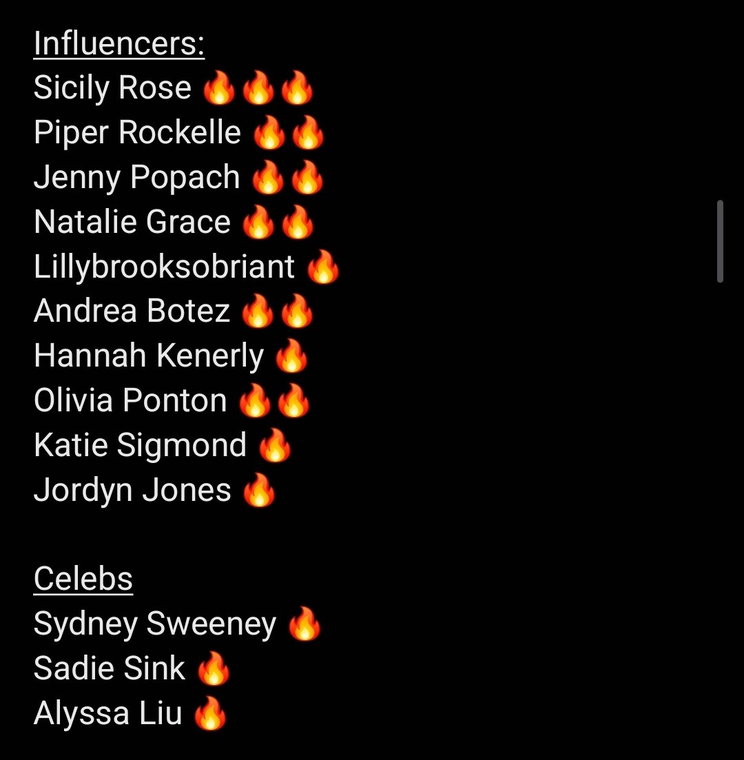Max6Perv9's tweet photo. Updated Triggers/Weaknesses:

🔥 = Hit or miss depending on mood but if it hits it HITS!!!
🔥🔥 = Solid choice and in the mood more often
🔥🔥🔥 = Always be a good choice to get gooned but might not be crazy trigger https://t.co/LXW4PUPbnX