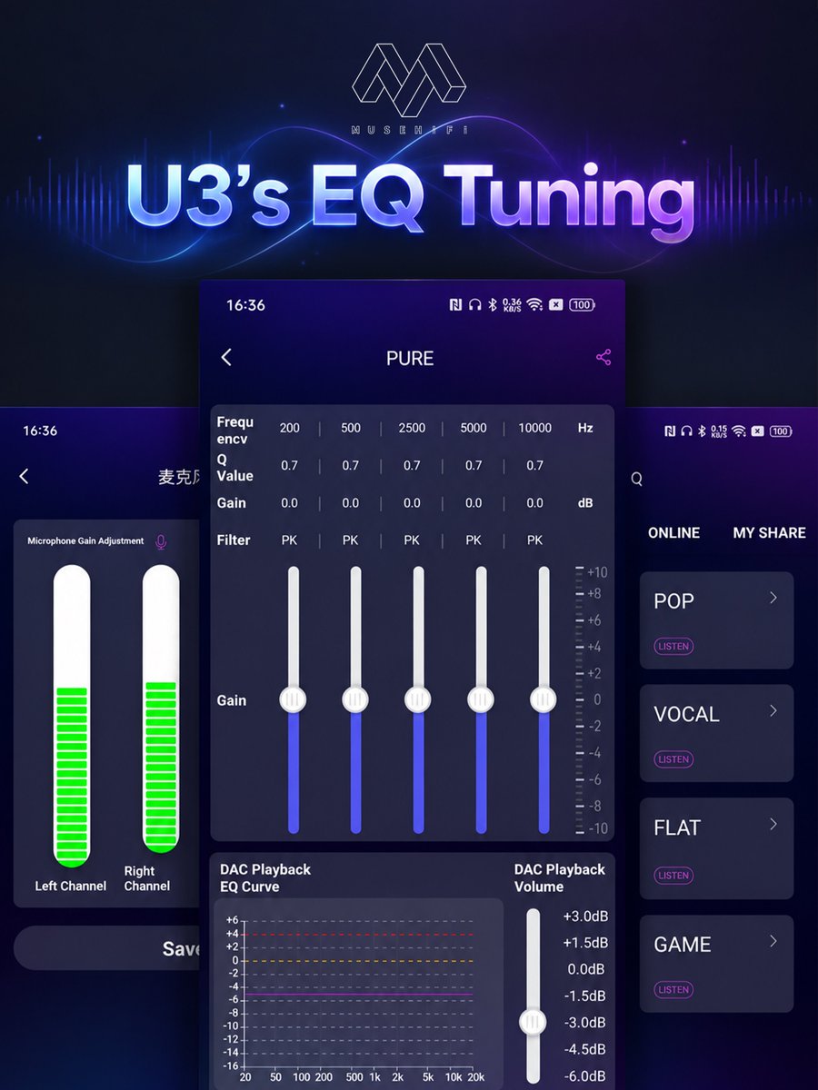 musehifi_jp's tweet photo. 🎛️小さいのに、音遊びは本格派🎧✨

ポケットに入る「MUSE U3」で、
5バンドEQを自分好みにカスタマイズ！
お気に入りの設定をシェアしたり、
みんなのプリセットを試したり🎶

いつもの音楽を、もっと自分らしく。
#MUSEHiFi #MUSEU3 #ポータブルDAC #DACアンプ #オーディオ #ポタオデ https://t.co/qp7AcacWUy