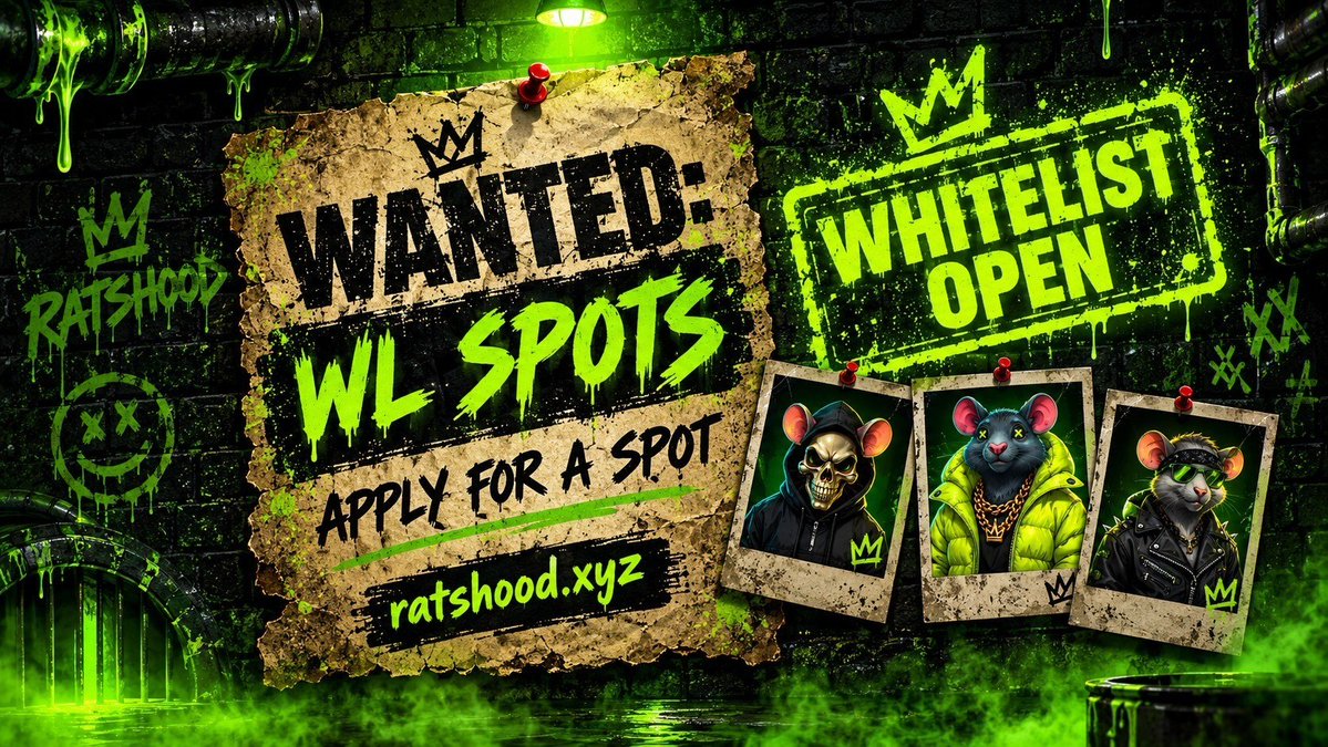 ratsh00d's tweet photo. 🚨 WHITELIST IS OPEN 🚨

3,333 sewer rats. Stakeable. Earning $RATSHOOD everytime.

This isn't a NFT drop — it's a job offer from the underground.

3 steps. No bots. Real rats only.

You in? 🐀👇
Apply here → https://t.co/efIznmAaTZ
Follow + repost + drop your wallet. Curators review every entry.