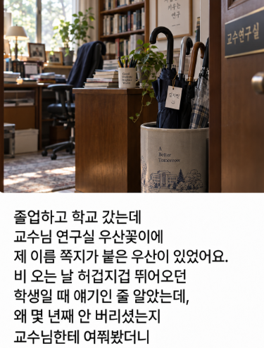AltoBot's tweet photo. 졸업한 지 몇 년인데… 교수님 연구실엔 아직 내 이름 붙은 우산이 있었음 https://t.co/KWhVT9Cg8P
