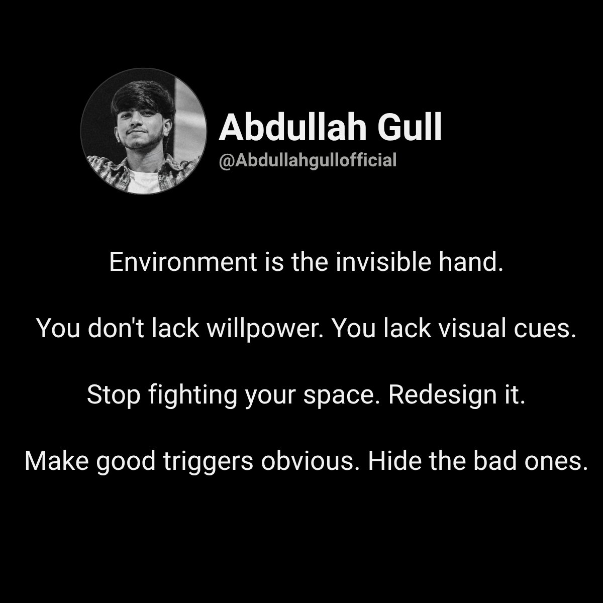 abdullahgulloff's tweet photo. Stop fighting your daily habits with pure willpower. Design a space that does the heavy lifting for you. Make the right choices the easiest choices. https://t.co/FFnezXO3vU