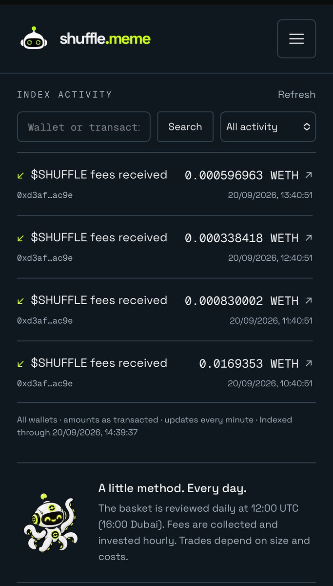 Shuffle_RH's tweet photo. Transparency isn't just a buzzword here, you can watch it happen live.

$SHUFFLE fees are being collected and invested hourly, right on https://t.co/aqQYKpq2mN. 

Every fee, every timestamp, every wallet, fully on-chain and visible to anyone.

A little method, every day. 🤖 https://t.co/wSTV5OA8IF