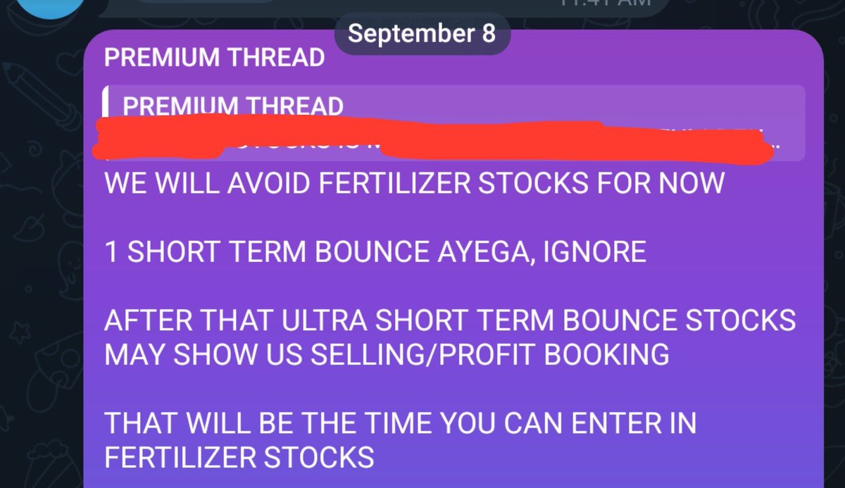 xSTOCKIST's tweet photo. 8 September post regarding #fertilizer stocks 🔥 

You can check daily chart of any fertilizer stock except #GNFC 

After my post index made a green candle om 10 September which broke 8 september closing but didn't sustain it's upside then down 📉 till 16 September; as i was expecting selling. Both condition fullfilled ✅ 

Further has been updated in my #telegram group. Where you can have discussions, learnings and views from other #traders
NO TIP BUT PURELY A LEARNING COMMUNITY https://t.co/ev93iXCNAA 

#stockmarketindia #NFL #Rcf #Gsfc #chambalfertilisers #Fact