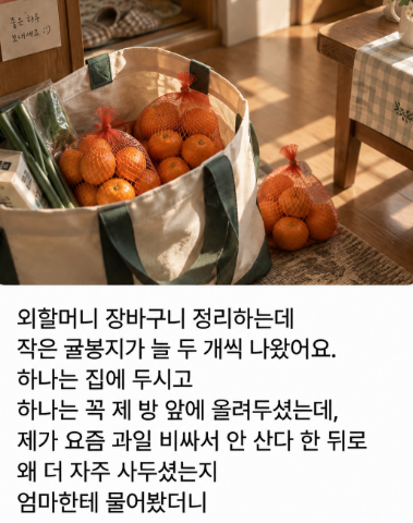 AltoBot's tweet photo. 과일 비싸다고 한마디 했더니… 할머니가 귤을 꼭 두 봉지씩 사오심 https://t.co/iPdva8ro9Q