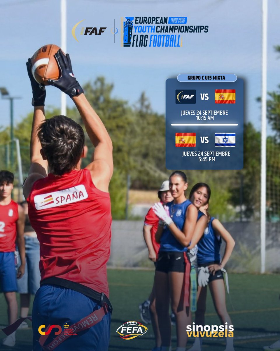FEFA_Spain's tweet photo. 🇪🇺🏈 ¡El Europeo Youth de #FlagFootball ya calienta motores!

🥉 ¡La U15 Mixta llega a Italia tras conquistar el bronce en Innsbruck 2025!

📍 Grupo C: Team Euro Youth e 🇮🇱 Israel.

🗓️ Jueves 24:
Team Euro Youth — 10:15h
🇮🇱 Israel — 17:45h

#ConéctatealFootball🏈 #FEFA #TeamESP https://t.co/cq947SdwMg