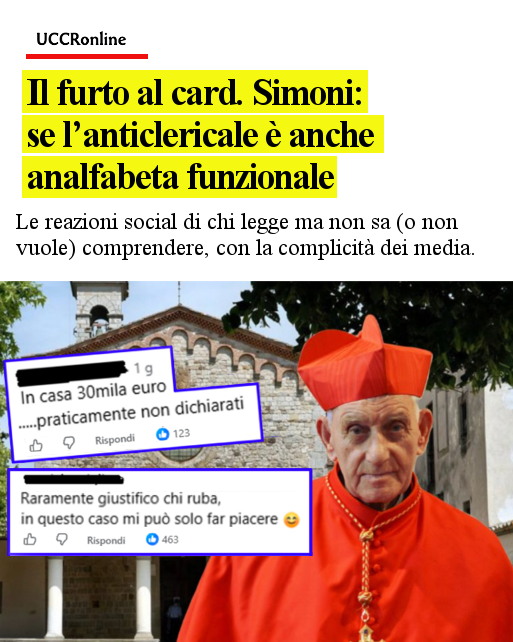 UCCR's tweet photo. MIX ESPLOSIVO
Sul furto al card. #ErnestSimoni: se all’#analfabetismo si mischia una forte dose di anticlericalismo, la miscela diventa esplosiva.
🔴CONTINUA A LEGGERE👇
https://t.co/501pIwKETp https://t.co/QvLssmnPZd