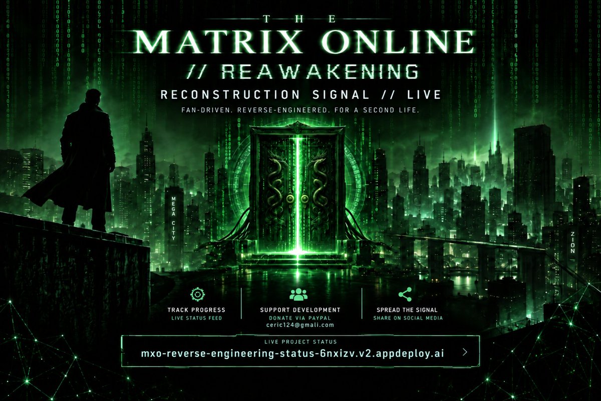 NiqSaturn's tweet photo. THE MATRIX ONLINE
Live status: https://t.co/y71kQHhYF9
Help preserve Mega City—share the signal.
Support: PayPal ceric124@gmail.com
#MxO #TheMatrixOnline #GamePreservation #Gaming #Simulation #Matrix #Neo https://t.co/c8vF83P65w