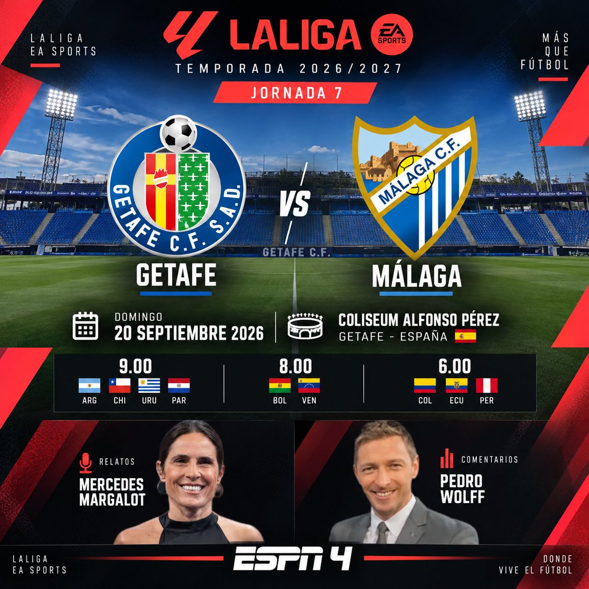 Laguadeportiva1's tweet photo. #LaLiga 🇪🇸 | #Getafe - #Malaga
🎙️ Relatos: Mercedes Margalot
🗣️ Comentarios: @WolffPedro
🖥️ #ESPN4 Sudamérica
📱💻 @disneyplusla
#LALIGAxESPN - #disneyplus - #GetafeMalaga
🔃❤️ https://t.co/s3XzPo3OCM