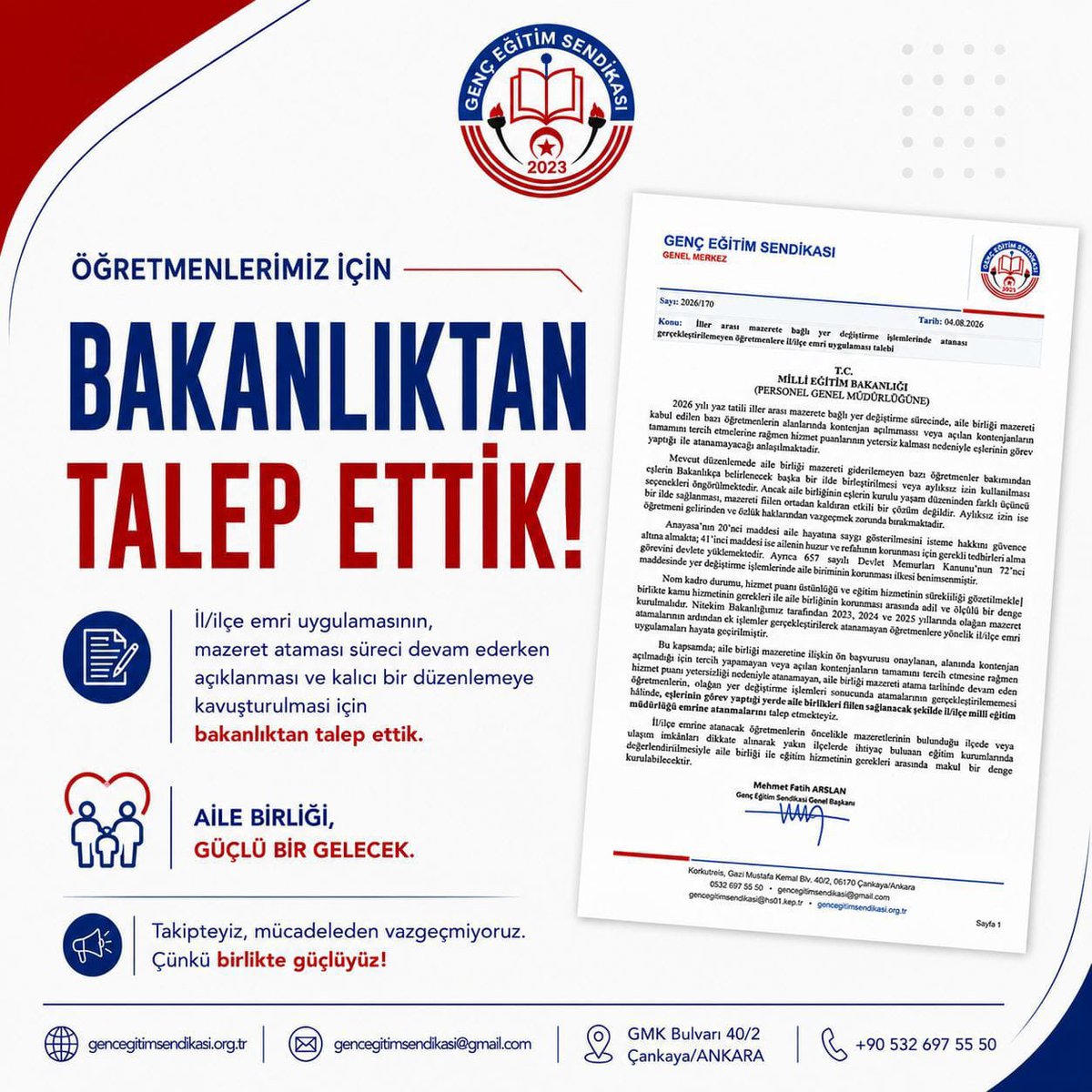 balbal_mesut's tweet photo. İL EMRİ TALEBİMİZi RESMİ OLARAK BAKANLIĞA İLETTiK, TAKİPÇİSİYİZ!

Aile birliği mazereti nedeniyle eşinden ayrı kalmak zorunda bırakılan öğretmenlerimizin yaşadığı mağduriyeti daha önce de gündeme taşıdık.

GENÇ EĞİTİM SENDİKASI olarak il/ilçe emri talebimizi Millî Eğitim Bakanlığına açıkça ilettik.

Kontenjan yetersizliği nedeniyle ailesine kavuşamayan hiçbir öğretmenimizin mağduriyetinin kalıcı hâle gelmesini istemiyoruz.

Talebimiz açık: Mazereti karşılanamayan öğretmenlerimiz için il/ilçe emri uygulanmalı, aileler yeniden bir araya getirilmelidir.

Bu talebin yalnızca gündemde kalması değil, somut bir çözüme dönüşmesi için takipçisi olmaya devam edeceğiz.

Aile birliği kontenjana sığmaz!

@mfaarslan 
@gencegitimsen 
@Yusuf__Tekin 
@tcmeb 

#AilelerSınıftaKaldı